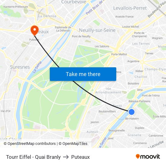 Tourr Eiffel - Quai Branly to Puteaux map