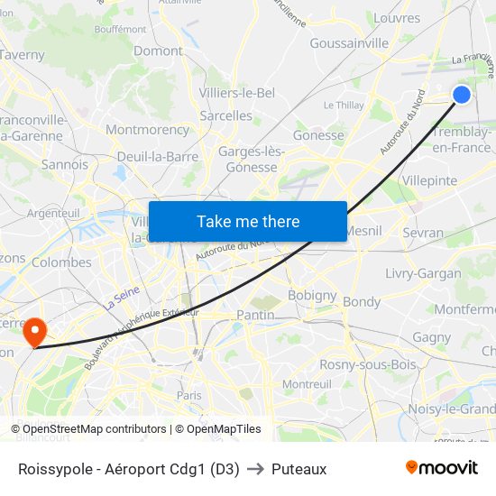 Roissypole - Aéroport Cdg1 (D3) to Puteaux map