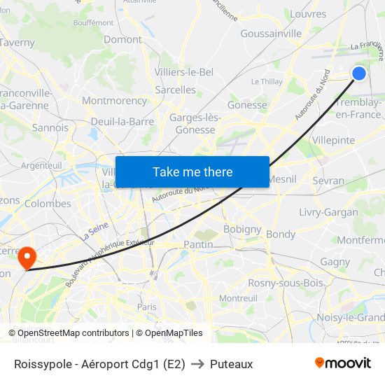Roissypole - Aéroport Cdg1 (E2) to Puteaux map