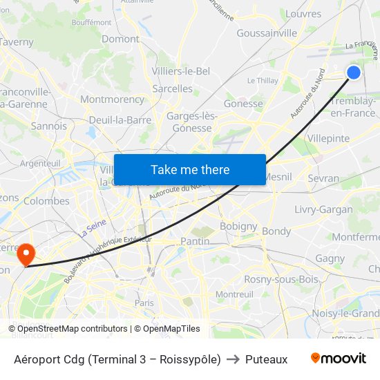 Aéroport Cdg (Terminal 3 – Roissypôle) to Puteaux map