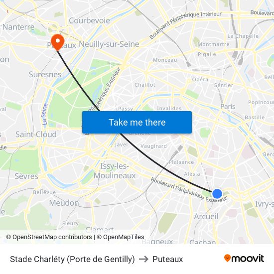 Stade Charléty (Porte de Gentilly) to Puteaux map