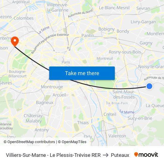 Villiers-Sur-Marne - Le Plessis-Trévise RER to Puteaux map