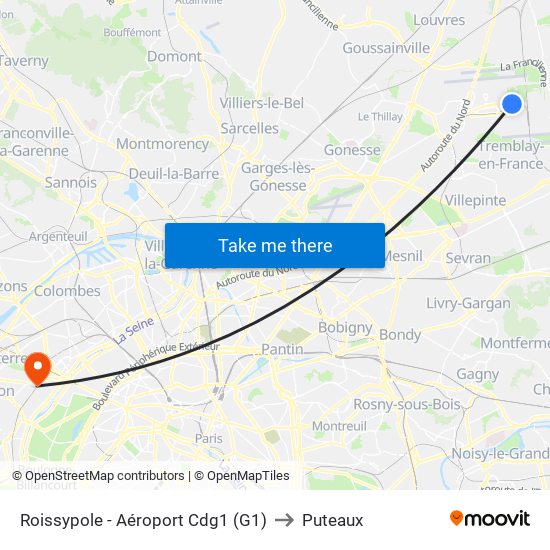 Roissypole - Aéroport Cdg1 (G1) to Puteaux map