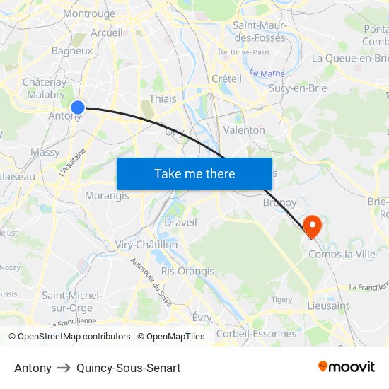 Antony to Quincy-Sous-Senart map
