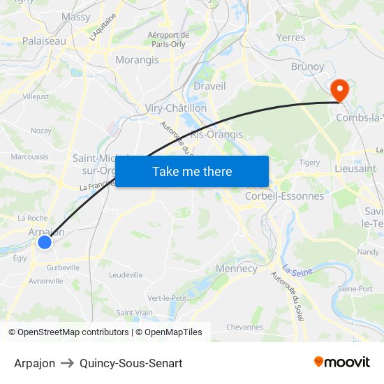Arpajon to Quincy-Sous-Senart map