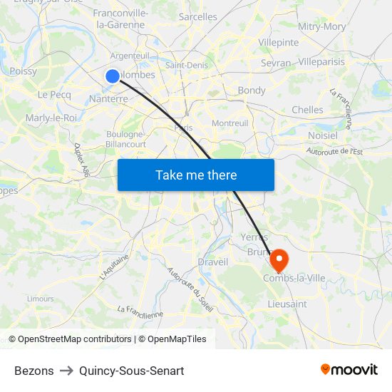 Bezons to Quincy-Sous-Senart map