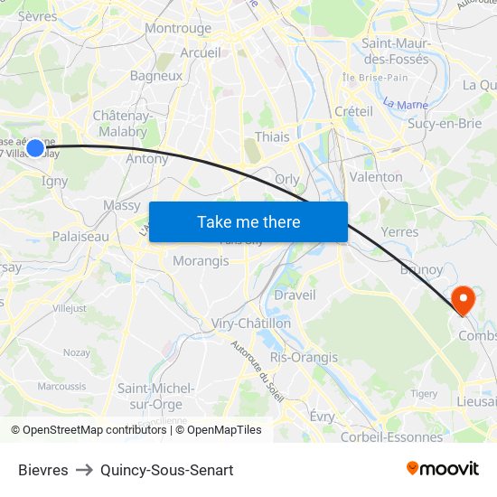 Bievres to Quincy-Sous-Senart map