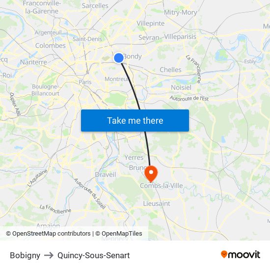 Bobigny to Quincy-Sous-Senart map