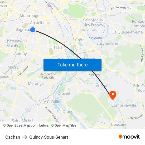 Cachan to Quincy-Sous-Senart map