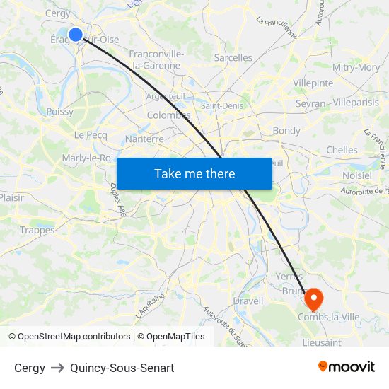 Cergy to Quincy-Sous-Senart map