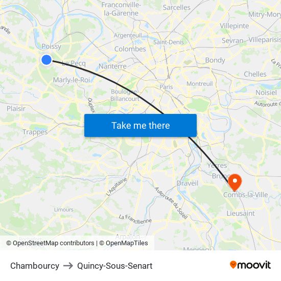 Chambourcy to Quincy-Sous-Senart map