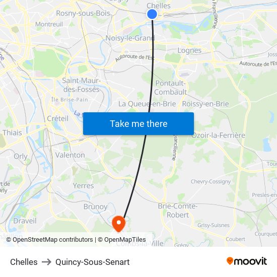 Chelles to Quincy-Sous-Senart map