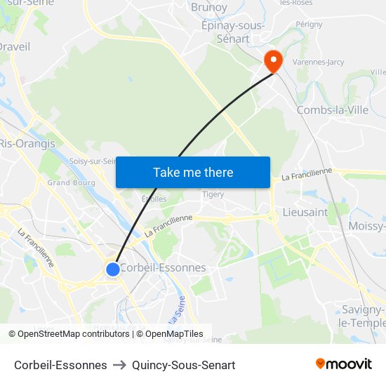 Corbeil-Essonnes to Quincy-Sous-Senart map