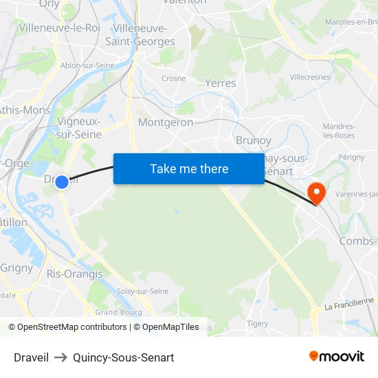 Draveil to Quincy-Sous-Senart map