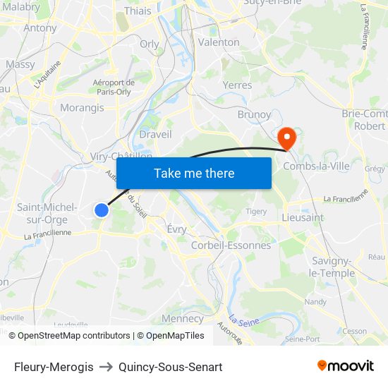 Fleury-Merogis to Quincy-Sous-Senart map