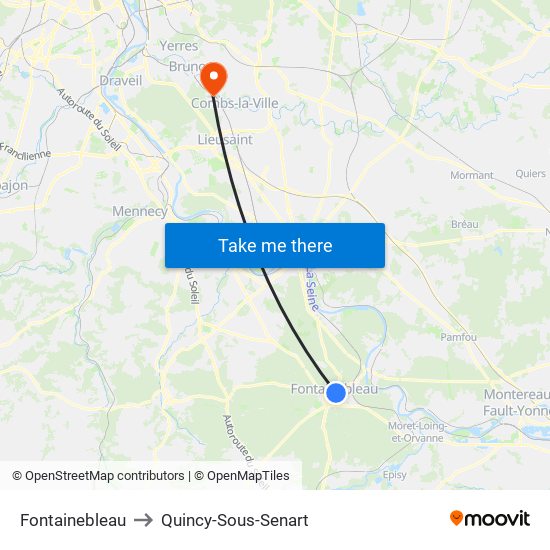 Fontainebleau to Quincy-Sous-Senart map
