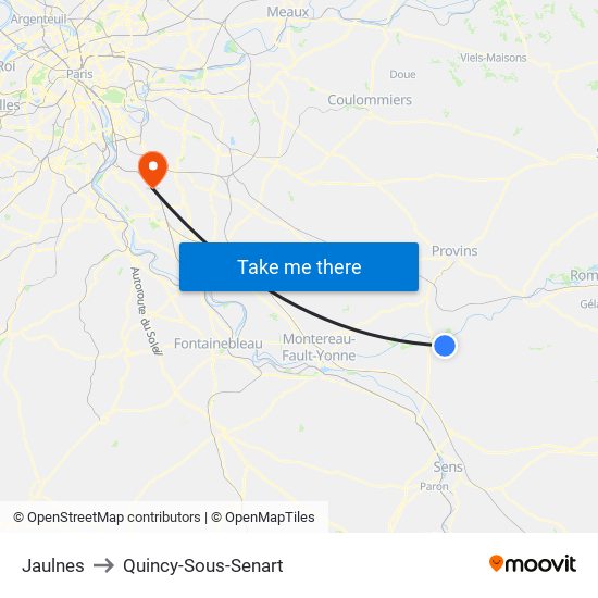 Jaulnes to Quincy-Sous-Senart map