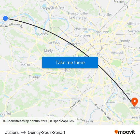 Juziers to Quincy-Sous-Senart map
