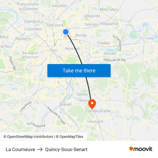 La Courneuve to Quincy-Sous-Senart map