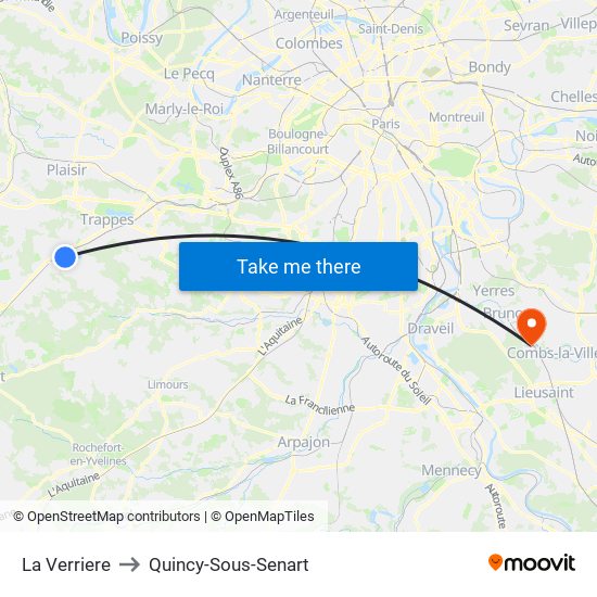 La Verriere to Quincy-Sous-Senart map