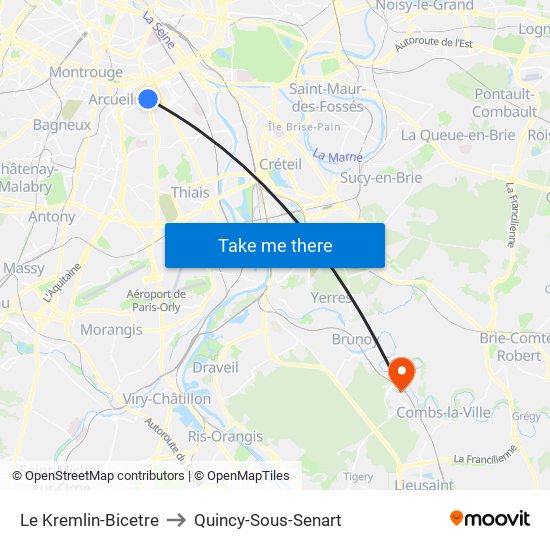 Le Kremlin-Bicetre to Quincy-Sous-Senart map