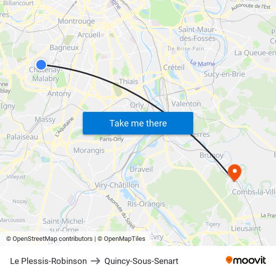 Le Plessis-Robinson to Quincy-Sous-Senart map