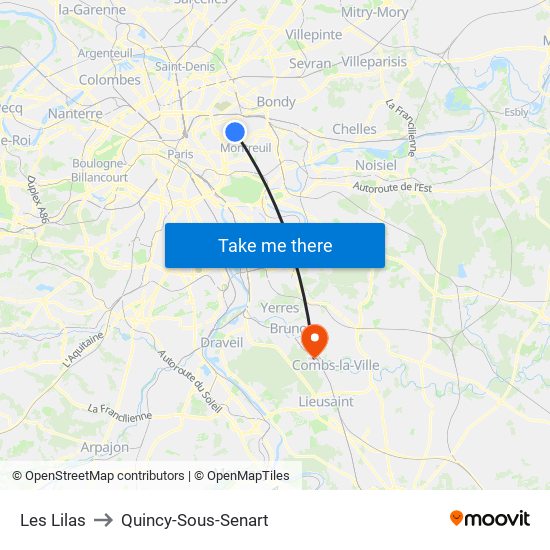 Les Lilas to Quincy-Sous-Senart map