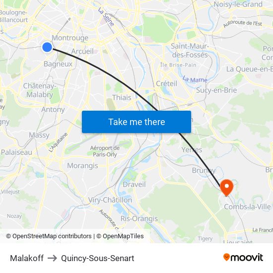 Malakoff to Quincy-Sous-Senart map