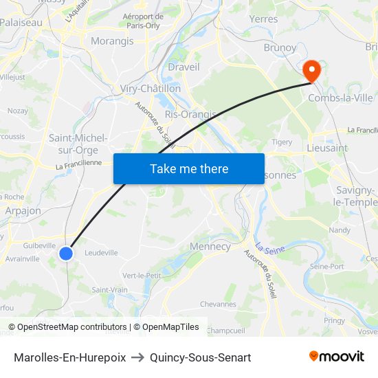 Marolles-En-Hurepoix to Quincy-Sous-Senart map