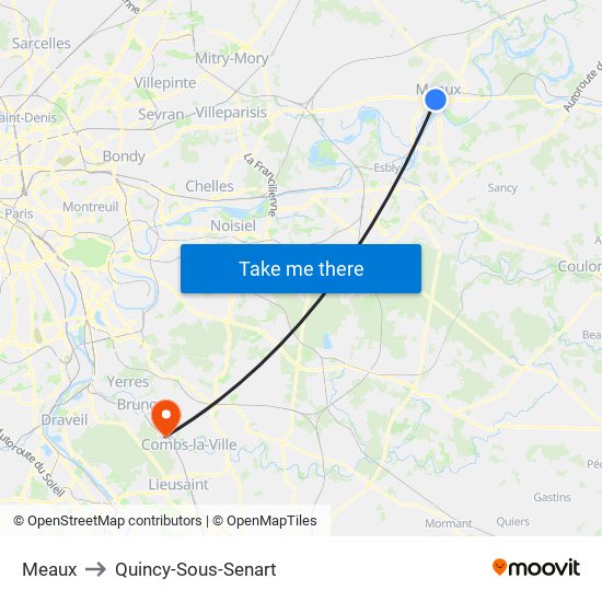 Meaux to Quincy-Sous-Senart map
