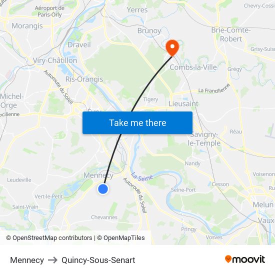Mennecy to Quincy-Sous-Senart map