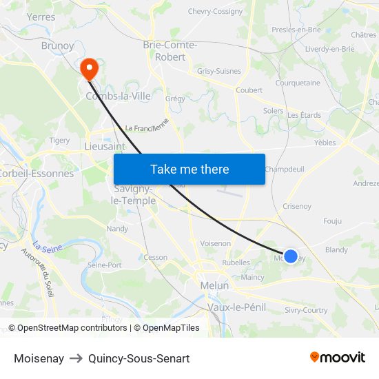 Moisenay to Quincy-Sous-Senart map