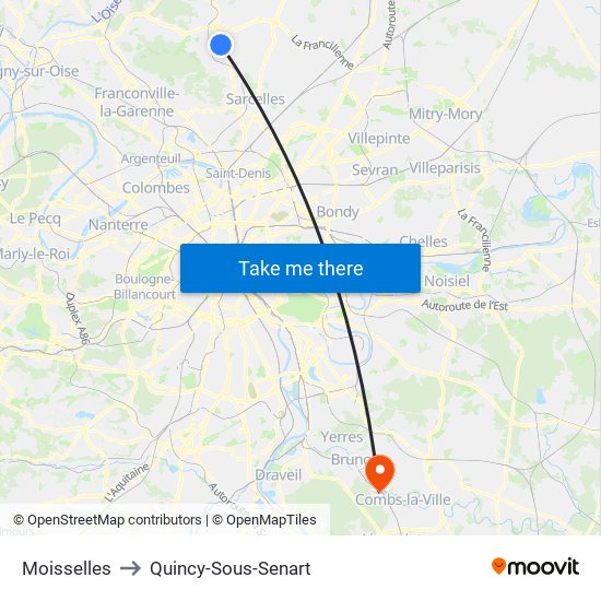Moisselles to Quincy-Sous-Senart map