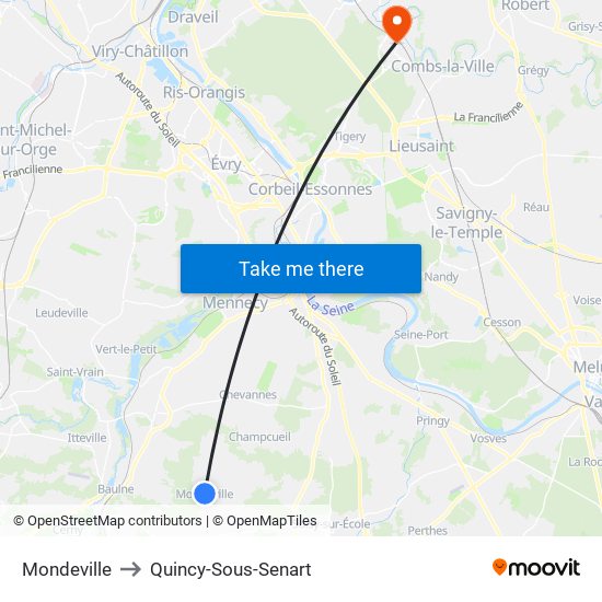 Mondeville to Quincy-Sous-Senart map