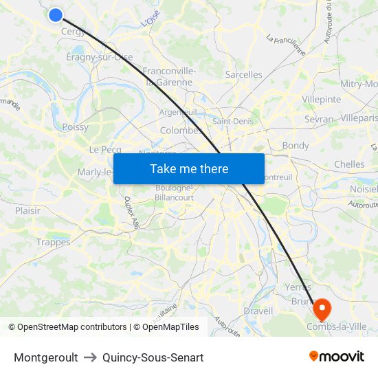 Montgeroult to Quincy-Sous-Senart map