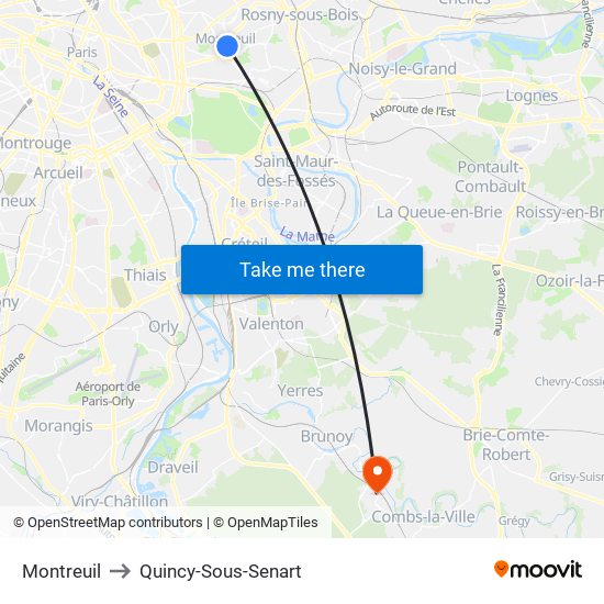 Montreuil to Quincy-Sous-Senart map