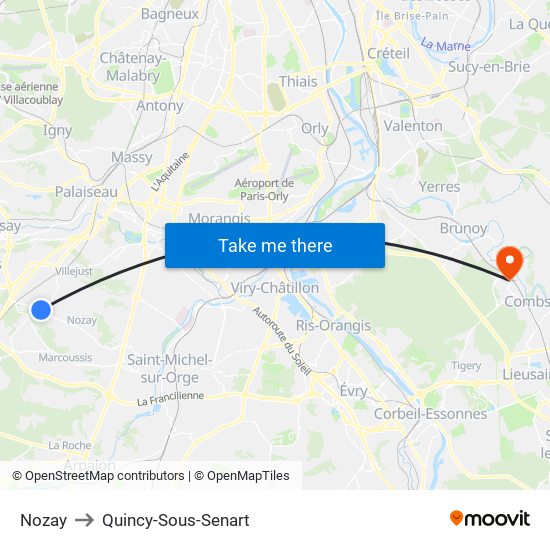 Nozay to Quincy-Sous-Senart map