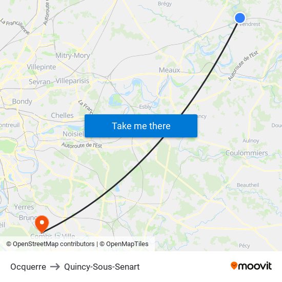 Ocquerre to Quincy-Sous-Senart map