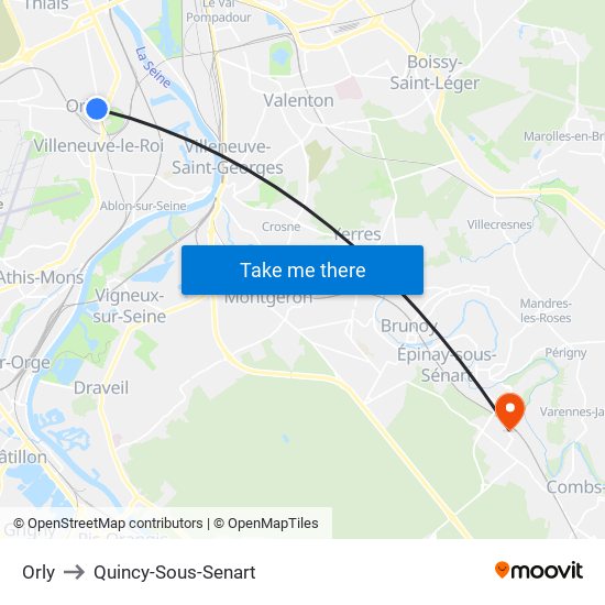 Orly to Quincy-Sous-Senart map