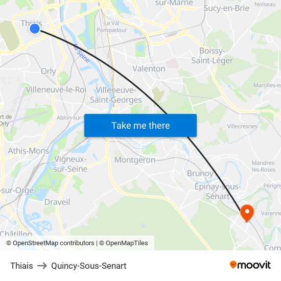 Thiais to Quincy-Sous-Senart map
