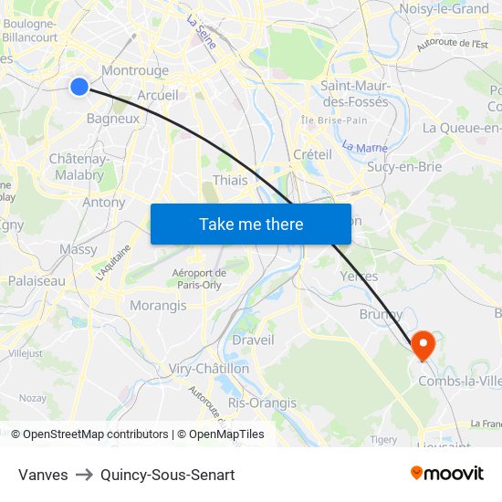 Vanves to Quincy-Sous-Senart map