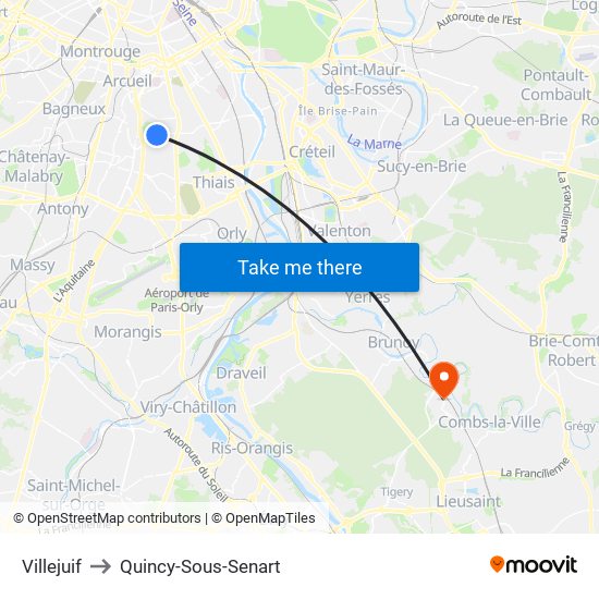 Villejuif to Quincy-Sous-Senart map