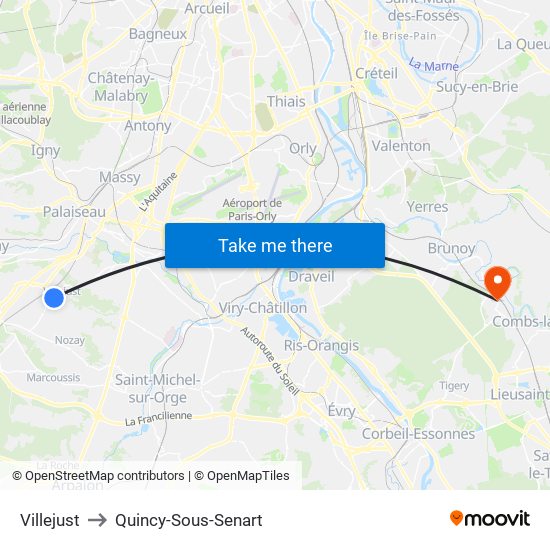 Villejust to Quincy-Sous-Senart map
