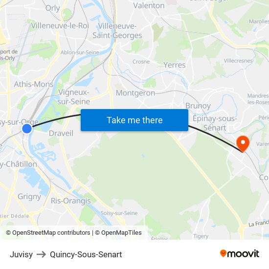 Juvisy to Quincy-Sous-Senart map