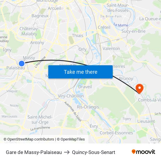 Gare de Massy-Palaiseau to Quincy-Sous-Senart map