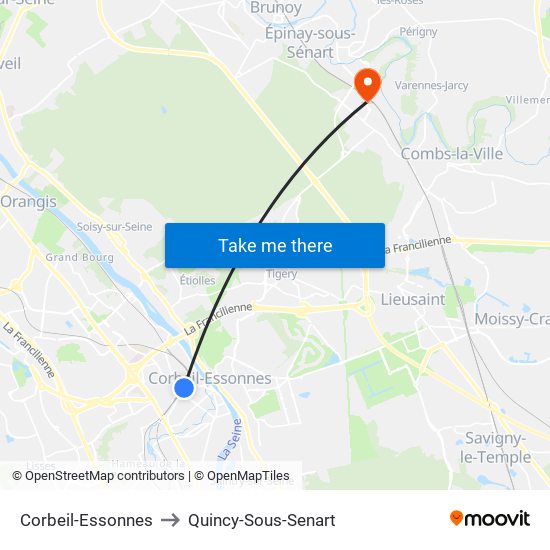 Corbeil-Essonnes to Quincy-Sous-Senart map