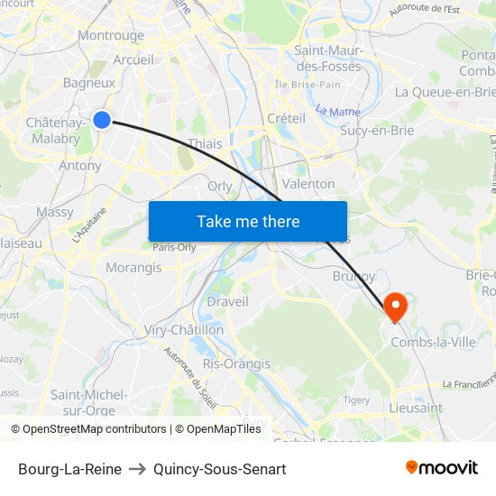 Bourg-La-Reine to Quincy-Sous-Senart map