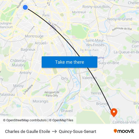Charles de Gaulle Etoile to Quincy-Sous-Senart map