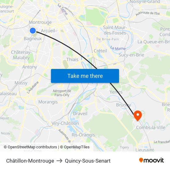 Châtillon-Montrouge to Quincy-Sous-Senart map