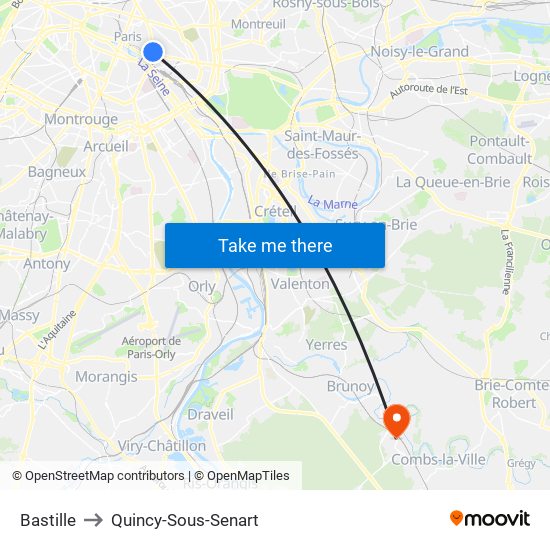Bastille to Quincy-Sous-Senart map